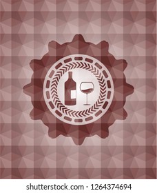 bottle and glass of wine icon inside red badge with geometric background. Seamless.