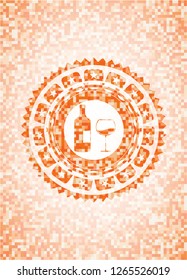 bottle and glass of wine icon inside orange mosaic emblem with background
