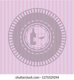 bottle and glass of wine icon inside pink emblem. Vintage.