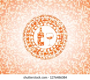 bottle and glass of wine icon inside orange mosaic emblem