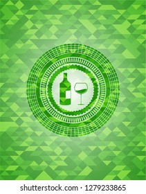 bottle and glass of wine icon inside realistic green mosaic emblem