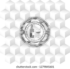 bottle and glass of wine icon inside realistic grey emblem with cube white background