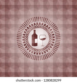 bottle and glass of wine icon inside red geometric pattern emblem. Seamless.