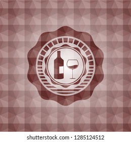 bottle and glass of wine icon inside red geometric emblem. Seamless.
