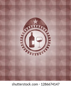 bottle and glass of wine icon inside red seamless geometric pattern emblem. Seamless.