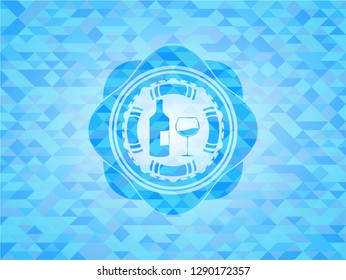 bottle and glass of wine icon inside realistic light blue mosaic emblem