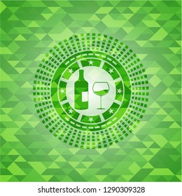 bottle and glass of wine icon inside realistic green mosaic emblem