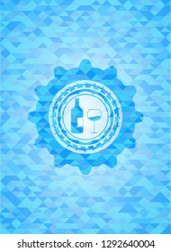 bottle and glass of wine icon inside sky blue emblem with mosaic ecological style background