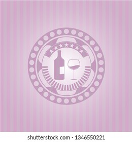 bottle and glass of wine icon inside badge with pink background