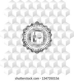 bottle and glass of wine icon inside grey icon or emblem with geometric cube white background