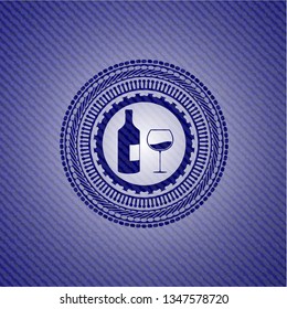 bottle and glass of wine icon inside jean background
