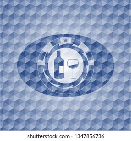 bottle and glass of wine icon inside blue emblem or badge with abstract geometric pattern background.