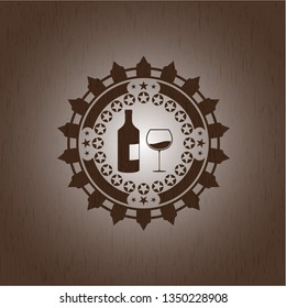 bottle and glass of wine icon inside retro style wooden emblem