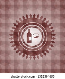 bottle and glass of wine icon inside red geometric badge. Seamless.