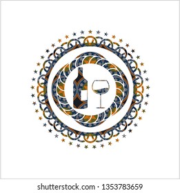 bottle and glass of wine icon inside arabesque style emblem. arabic decoration.