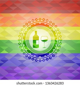 bottle and glass of wine icon inside emblem on mosaic background with the colors of the LGBT flag