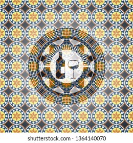 bottle and glass of wine icon inside arabic emblem. Arabesque decoration.