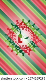 bottle and glass of wine icon inside christmas emblem background.