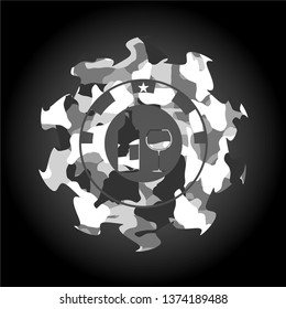 bottle and glass of wine icon inside grey camouflage emblem