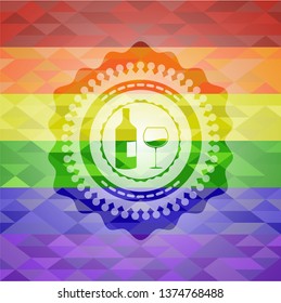 bottle and glass of wine icon inside lgbt colors emblem 