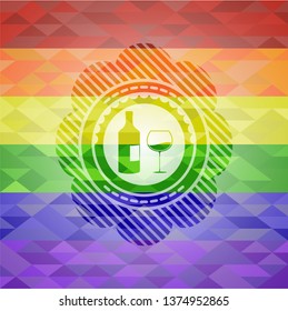 bottle and glass of wine icon inside lgbt colors emblem 