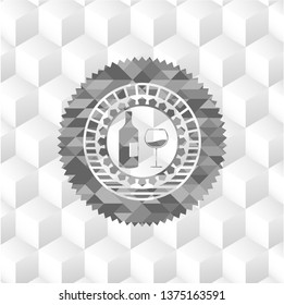 bottle and glass of wine icon inside grey badge with geometric cube white background