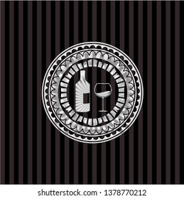 bottle and glass of wine icon inside silver shiny emblem