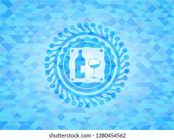 bottle and glass of wine icon inside realistic light blue emblem. Mosaic background
