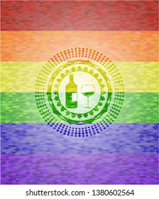 bottle and glass of wine icon inside lgbt colors emblem 
