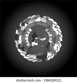 bottle and glass of wine icon inside grey camouflaged emblem
