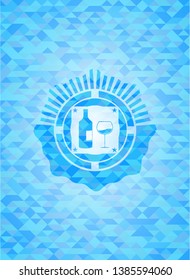 bottle and glass of wine icon inside sky blue emblem. Mosaic background