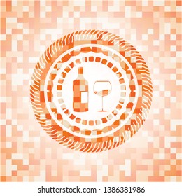 bottle and glass of wine icon inside abstract emblem, orange mosaic background
