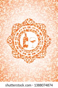 bottle and glass of wine icon inside abstract orange mosaic emblem with background