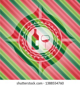bottle and glass of wine icon inside christmas emblem background.