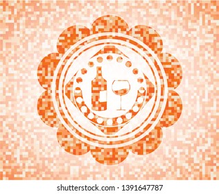 bottle and glass of wine icon inside abstract orange mosaic emblem with background