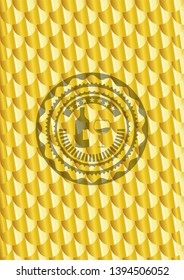 bottle and glass of wine icon inside gold badge. Scales pattern. Vector Illustration. Detailed.