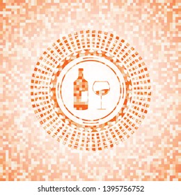 bottle and glass of wine icon inside abstract orange mosaic emblem with background