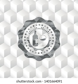 bottle and glass of wine icon inside retro style grey emblem with geometric cube white background