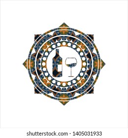 bottle and glass of wine icon inside arabic badge. Arabesque decoration.