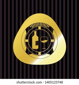 bottle and glass of wine icon inside golden badge