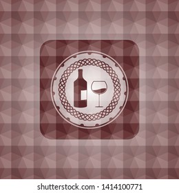 bottle and glass of wine icon inside red seamless emblem with geometric background.