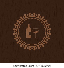 bottle and glass of wine icon inside retro wooden emblem