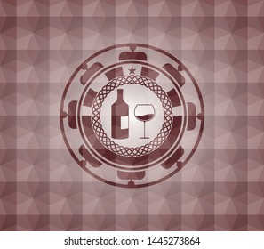 bottle and glass of wine icon inside red seamless emblem or badge with abstract geometric pattern background.