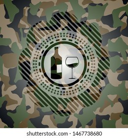 bottle and glass of wine icon inside camo texture