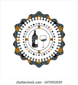 bottle and glass of wine icon inside arabic emblem. Arabesque decoration.