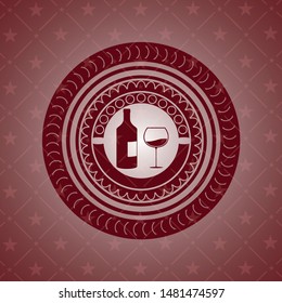 bottle and glass of wine icon inside red emblem. Retro