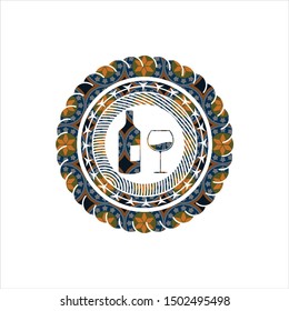 bottle and glass of wine icon inside arabic style badge. Arabesque decoration.