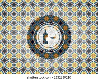 bottle and glass of wine icon inside arabic style badge. Arabesque decoration.