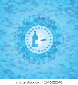 bottle and glass of wine icon inside light blue emblem with mosaic background