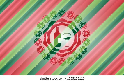 bottle and glass of wine icon inside christmas badge.